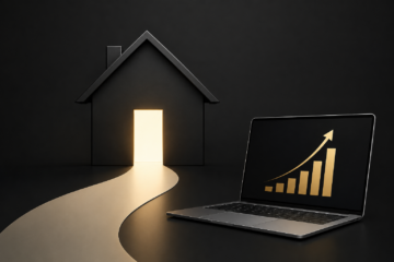 article banner image of a house and a laptop with an upward trending bar graph on it for the article From Real Estate "Products", to the Website Traffic You COULD Be Getting - They asked about the Products section on their Google Business Profile, we ended up at Website SEO