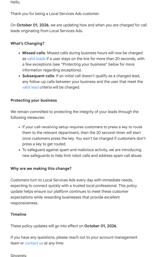screenshot of google's email about the latest changes to how google charges for leads in local services ads taking effect on october 1, 2026
