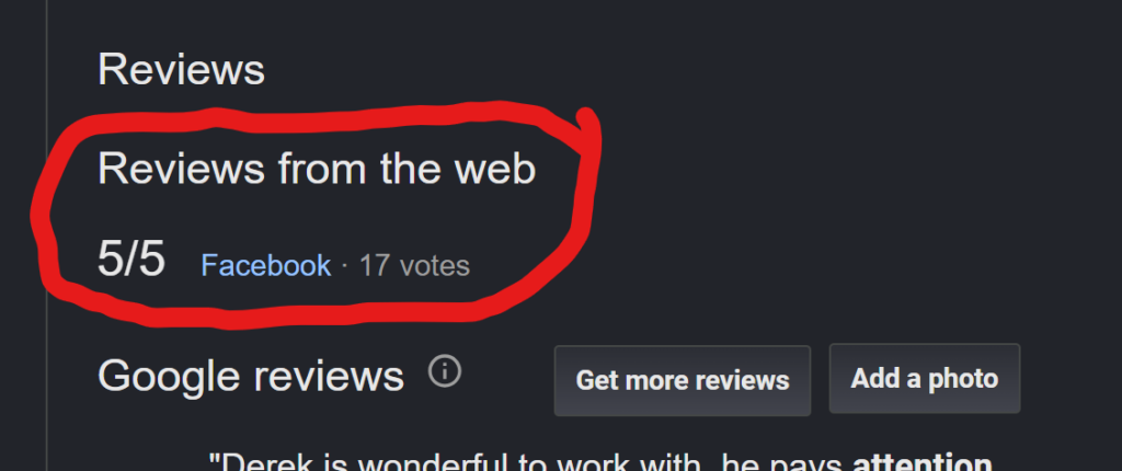 Screenshot of a google business profile reviews section showing how google pulls in facebook business page reviews for the business real estate agent - 2026-08-24 201016