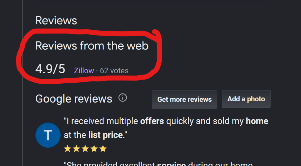 Screenshot of a google business profile reviews section showing how google pulls in zillow reviews for the business real estate agent - 2026-08-24 201016