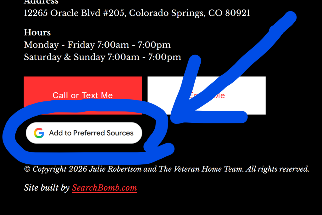 screenshot of a google preferred source button in the footer of a real estate website