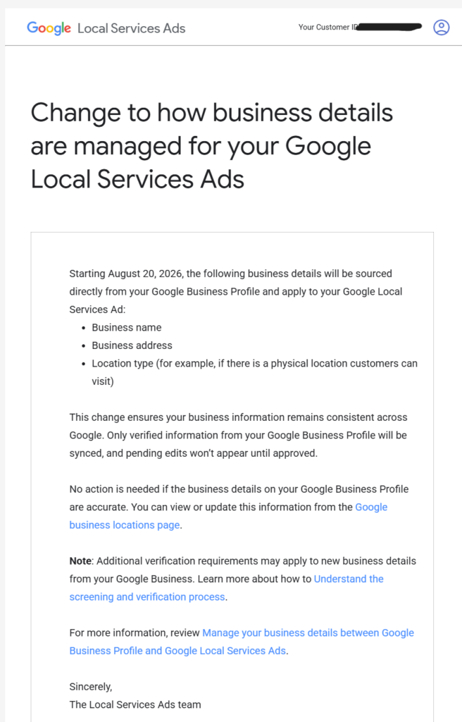 screenshot of the email on august 20, 2026 from google about local services ads business information now automatically syncing with the connected Google Business Profile