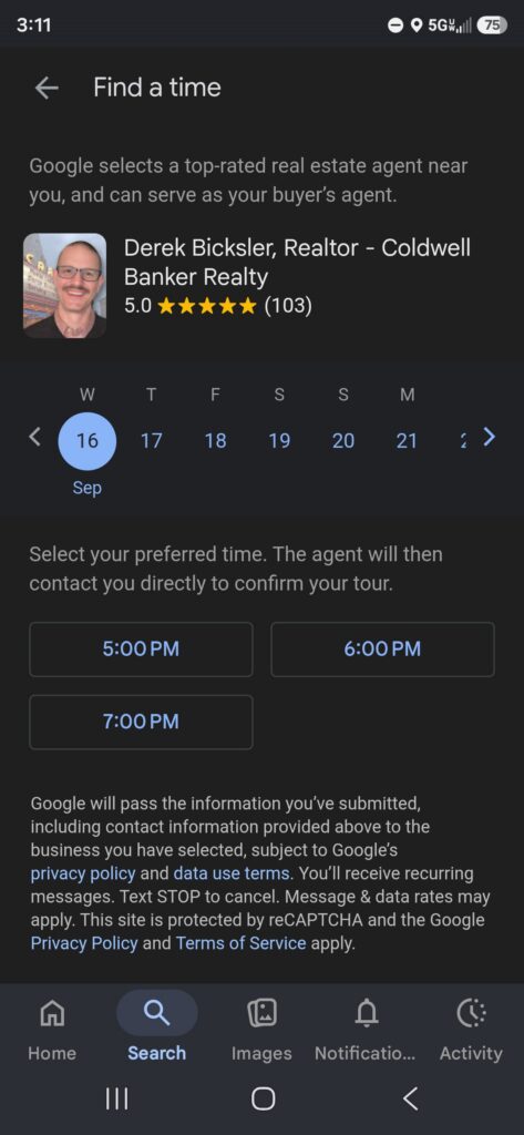 Mobile Phone Screenshot of Google's Home Search Ads first screen you see after clicking request a tour showing the ability to select a day and time and showing a buyer's agent- on September 16, 2026