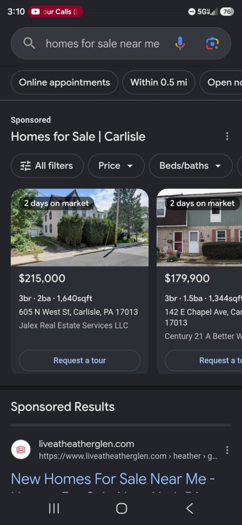 Mobile Phone Screenshot of Google's Home Search Ads on September 16, 2026