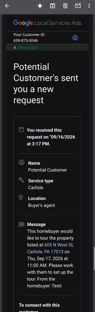 Screenshot of the email with a lead from local services ads for google's home search ads from a lead who requested to tour a home