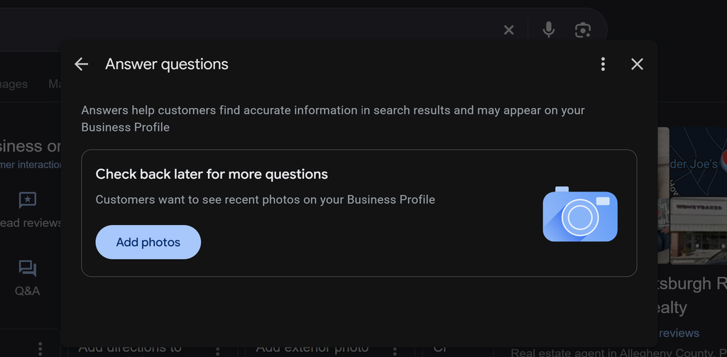 Screenshot of the last screen you see after you answer all the Q and A questions Google had for you on your Real Estate Agent Google Business Profile - it prompts you to add more photos - September 23 2026