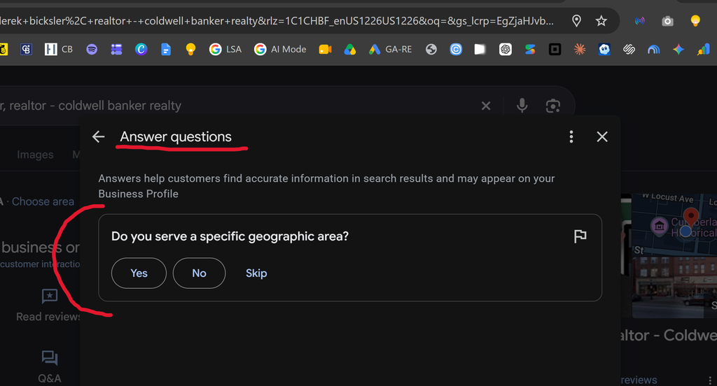 Screenshot of an example question from Google in the new Q and A tab feature in real estate agent google business profiles - it reads Do you serve a specific geographic area - shows buttons to say yes no or skip - September 23, 2026