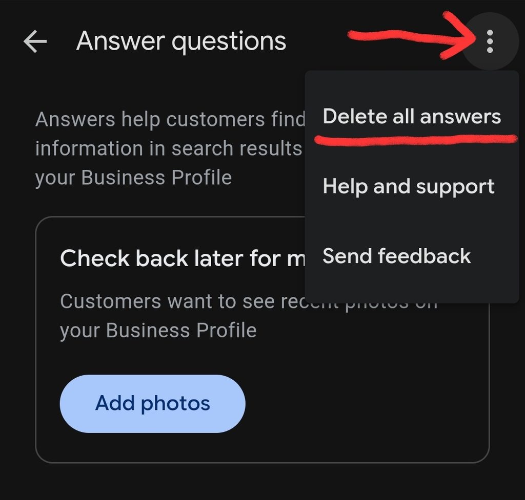 screenshot of the three dots options and settings in the new Q and A section in real estate agent google business profiles - september 23, 2026